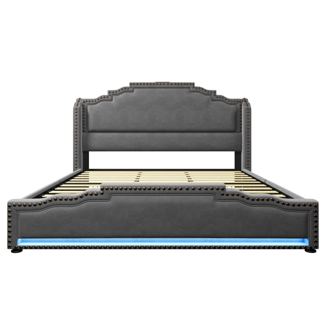 Letto matrimoniale 180x200 cm con 4 cassetti; LED; USB e Type-C; velluto grigio