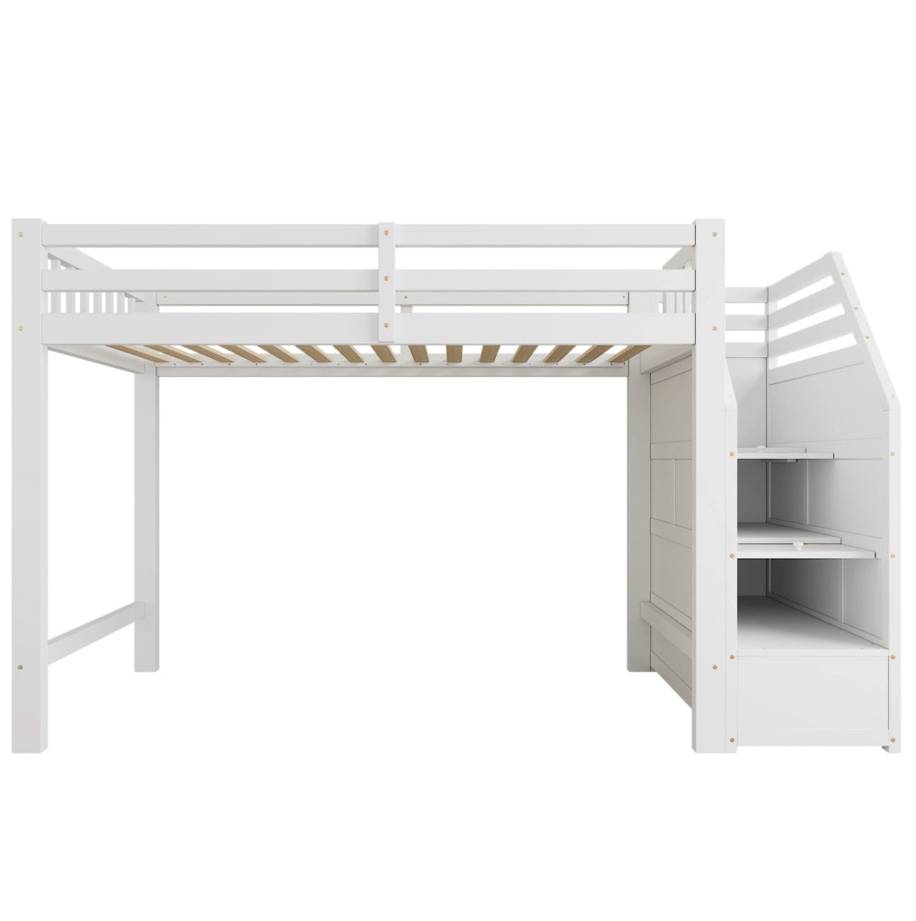Letto a soppalco ULEVR 90x200 cm con rete a doghe, protezione laterale e scala contenitore, bianco