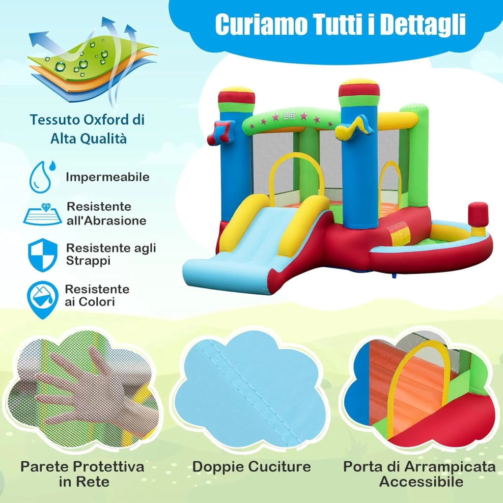 Castello Gonfiabile 5 in 1 per Bambini di Tema Musicale, Castello Gonfiabile con Scivolo, Trampolino, Piscina e Canestro, Gioco Gonfiabile da Interno ed Esterno, per Bambini da 3 a 12 Anni