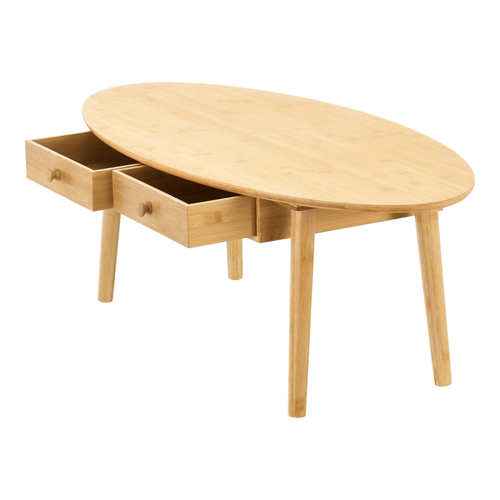 Tavolino Basso Harboøre Piano Ovale e 2 Cassetti - Bambù Naturale [en.casa]