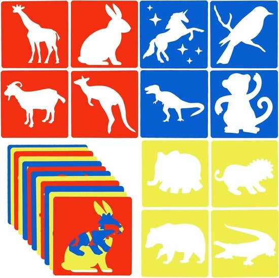 12 stencil per bambino - 20 x 20 cm - stencil per bambini di 4-8 anni - dinosauro giraffa canguro scimmia - kit per dipingere e disegnare