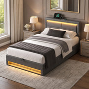 DESMIU Letto 90 × 200 cm 1 posto con USB, LED e contenitore, senza materasso, in PU, grigio