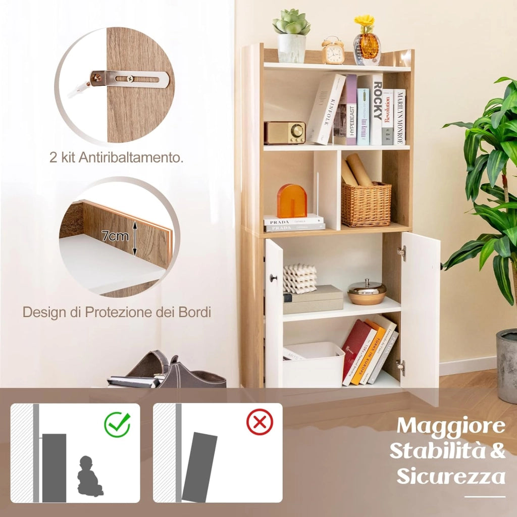 Libreria Scaffale con 2 Ante di Stoccaggio, Libreria Salvaspazio Moderna con 4 Ripiani in Legno Aperti, Mobile Alto Ufficio, per Soggiorno, Camera da Letto, 60 x 30 x 140 cm