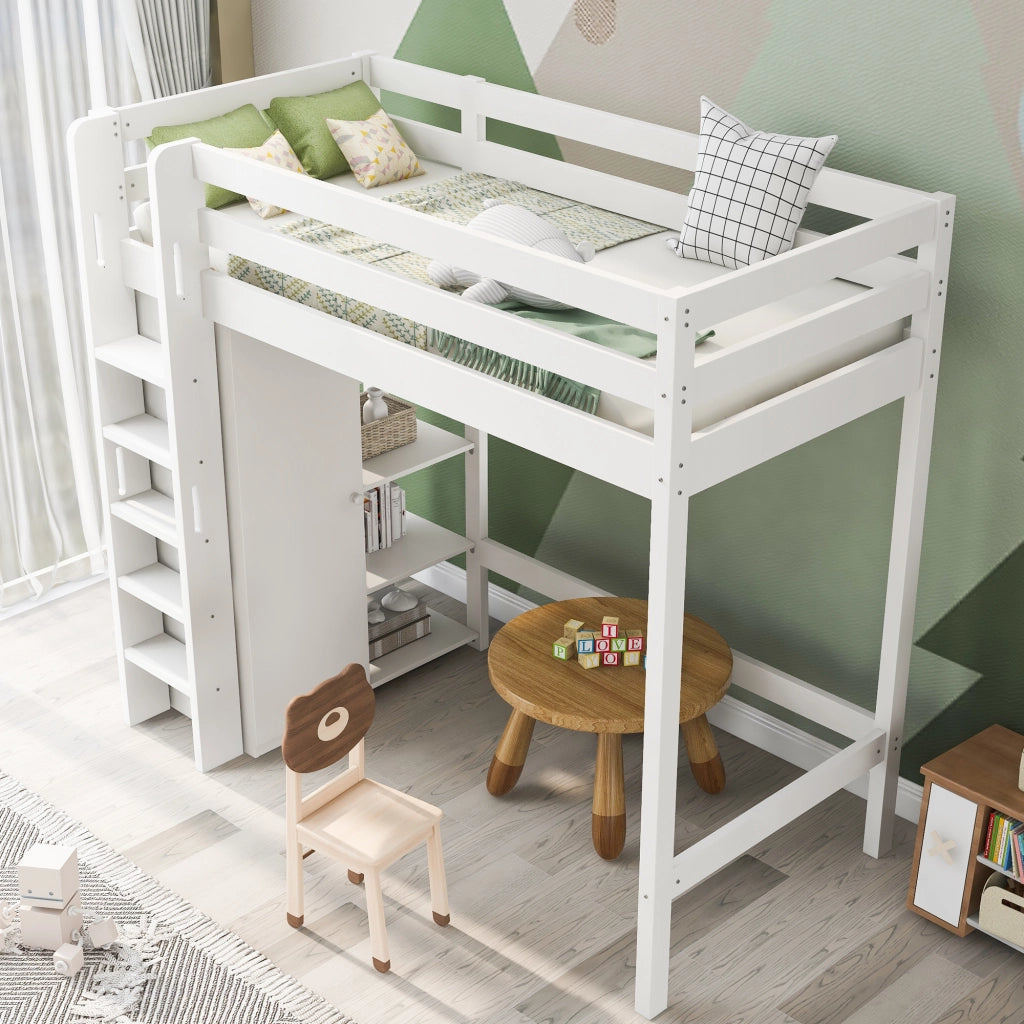 OKWISH Letto a soppalco 90×200 cm, Letto Singolo con Armadio, 6 Ripiani e Barra appendiabiti, senza Materasso, in Legno, Bianco
