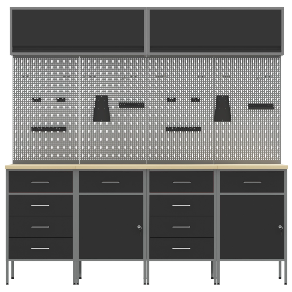 Set di Armadietto da Lavoro e Pannello Forato da 10 Pezzi  in MDF e Metallo Nero