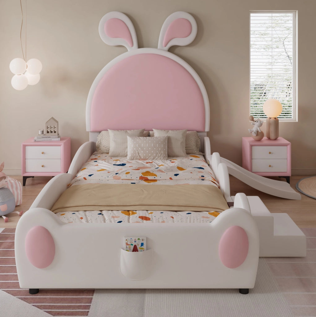 Letto imbottito 90x200 cm con scivolo; scala e orecchie da coniglio in PU rosa e bianco