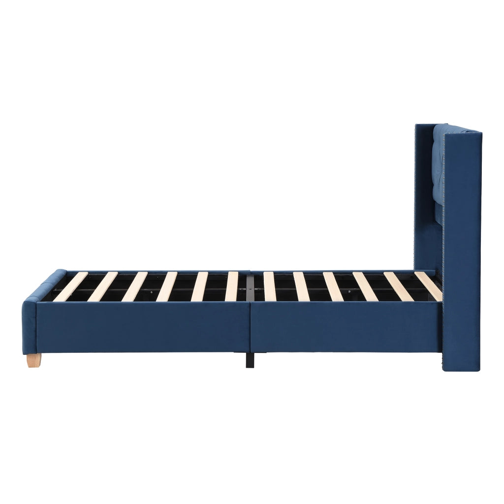 DESMIU Letto imbottito 90 × 200 cm 1 posto con trapuntatura a bottoni, borchie decorative, senza materasso, blu