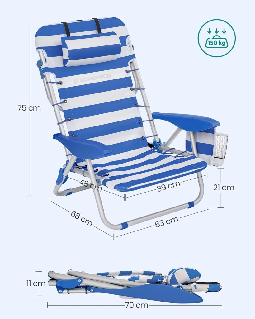 SONGMICS Sedia da spiaggia, sedia da campeggio pieghevole, con tracolla, schienale regolabile, poggiatesta, bracciolo, 2 tasche laterali, blu e bianco GCB62BU