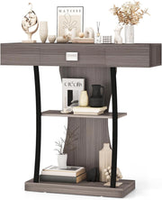 Consolle in Legno con Cassetti, Tavolo Ingresso con Ripiani e 2 Kit Anti-ribaltamento, Multiuso e Salvaspazio per Salotto, Camera da Letto e Corridoio, 91 x 30 x 88 cm (Grigio)