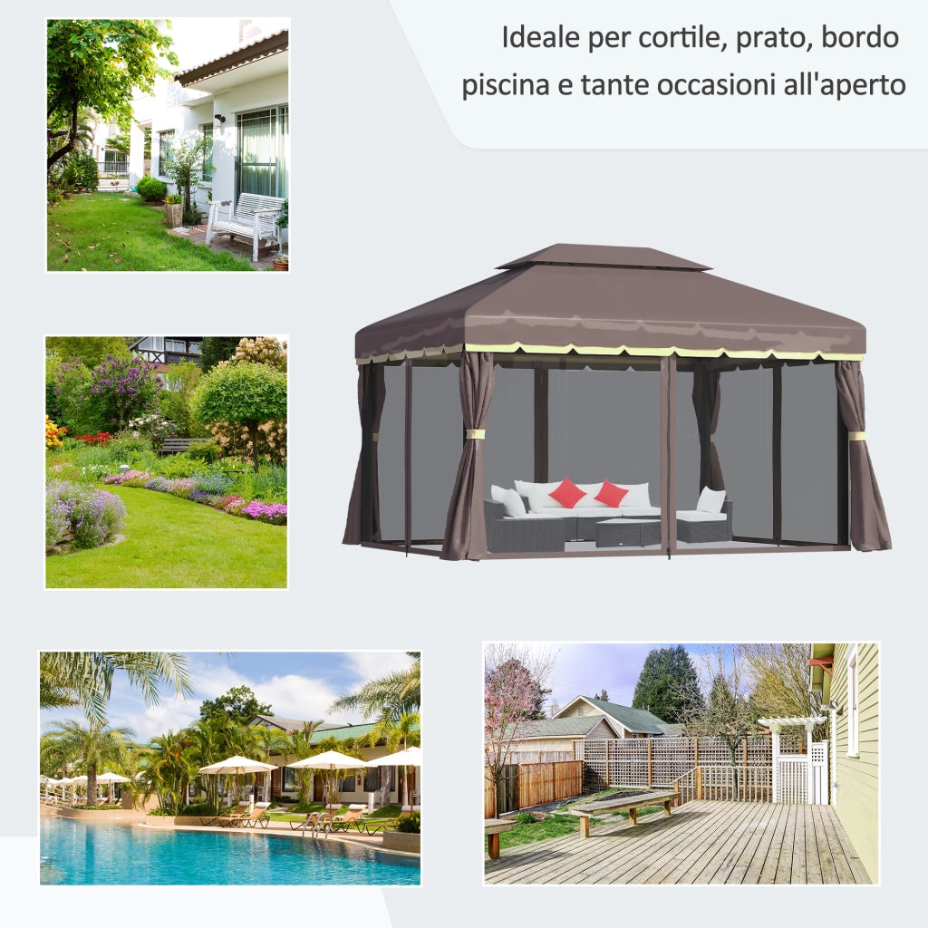Gazebo da Giardino 3x4m con Doppio Tetto. Zanzariera e Tende. Alluminio e Poliestere. Color Caff¨¨
