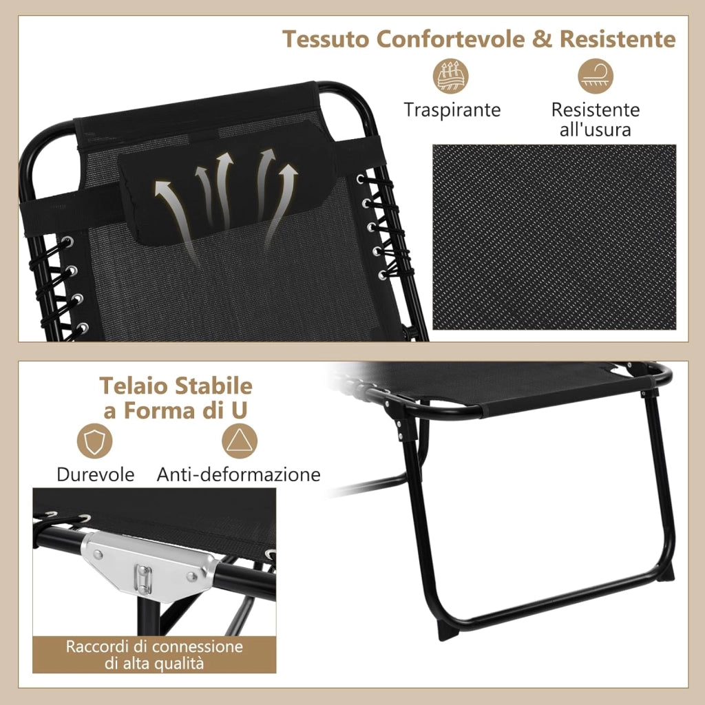 Lettino da Spiaggia Pieghevole Portatile, Sdraio da Mare con Schienale Regolabile 4 Posizioni, Tasca Laterale e Poggiatesta Staccabile, per Giardino e Campeggio, Portata 150 kg (Nero)