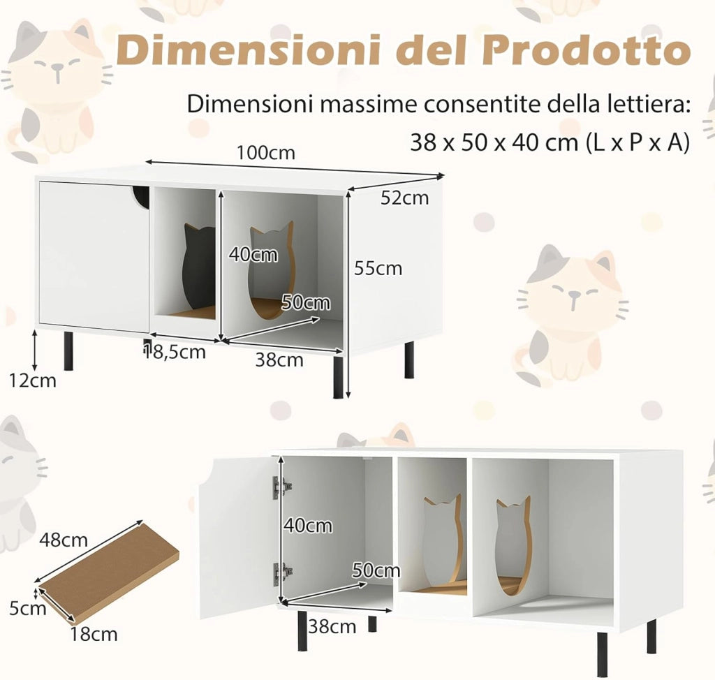 Lettiera Nascosto, Mobile Laterale in Legno con Ingresso a Forma di Testa di Gatto, Pannello Grattugia Rimovibile e Gambe in Metallo, Tavolino per Animali Domestici, Bianco, Portata di 120 kg