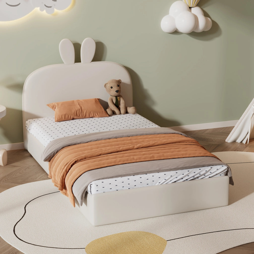 OKWISH Letto Bambini 90×200 cm, Letto Singolo con Testiera Coniglio, Doghe in Legno e Rivestimento, senza Materasso, Beige