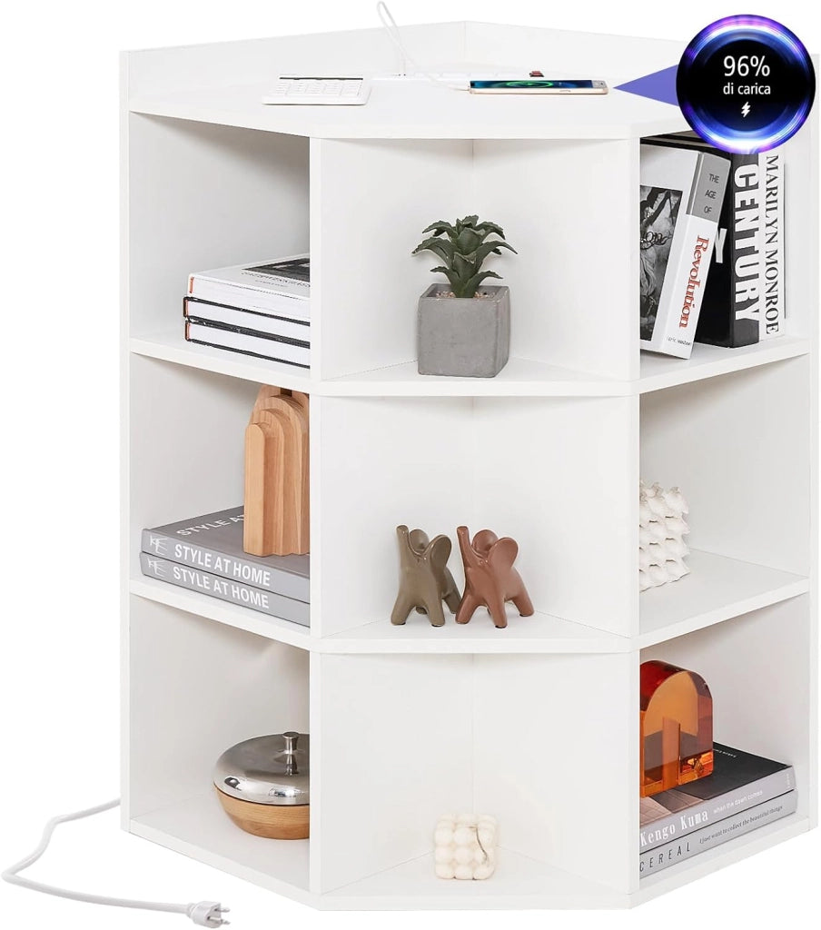 Mobile ad Angolo a 3 Livelli in Legno, Libreria Angolare Aperta con Stazione di Ricarica 9 Cubi 2 Porte USB e 4 Prese, Adatto per Spazi Ridotti, 51x71,5x86 cm (Naturale)