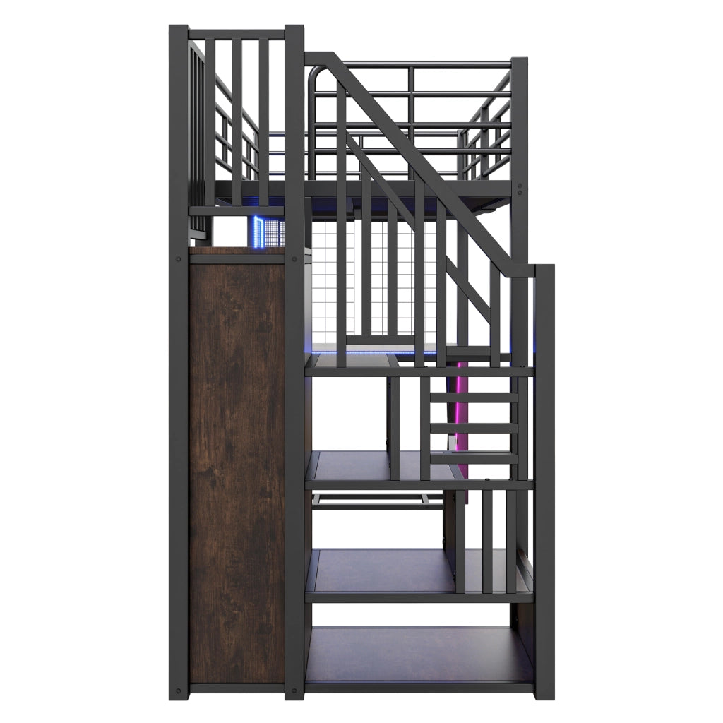 OKWISH Letto a soppalco 90×200 cm, Letto Singolo con LED Regolabile, Scala Contenitore, Scrivania e Armadio, senza Materasso, Nero