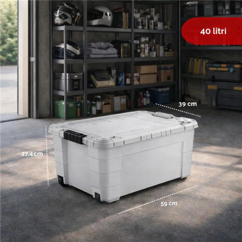 BOX CONTENITORE 40L CON COPERCHIO E RUOTE 59X39X27,4 CM GRIGIA – SCATOLA PORTAOGGETTI SALVASPAZIO CON ROTELLE PER CASA E RIPOSTIGLIO