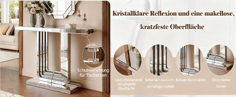 Consolle Moderna ¨C Minimal ¨C 120cm effetto specchio argento, base a U, resistente ai graffi