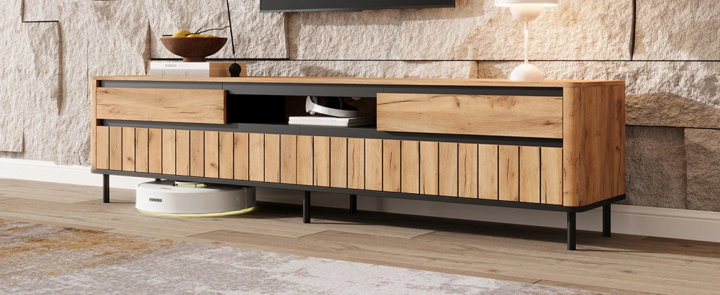 Mobile porta TV con 2 cassetti, 2 ante e passacavi, per soggiorno, in MDF e metallo, nero e naturale, 180 × 40 × 52 cm