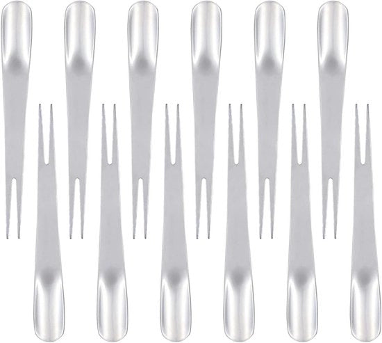 Set di 12 forchette e cucchiai in acciaio inossidabile per feste - Forchette e cucchiai riciclabili per salate e dessert - Forchette per cocktail e antipasti - Spiedo per matrimoni - Argento