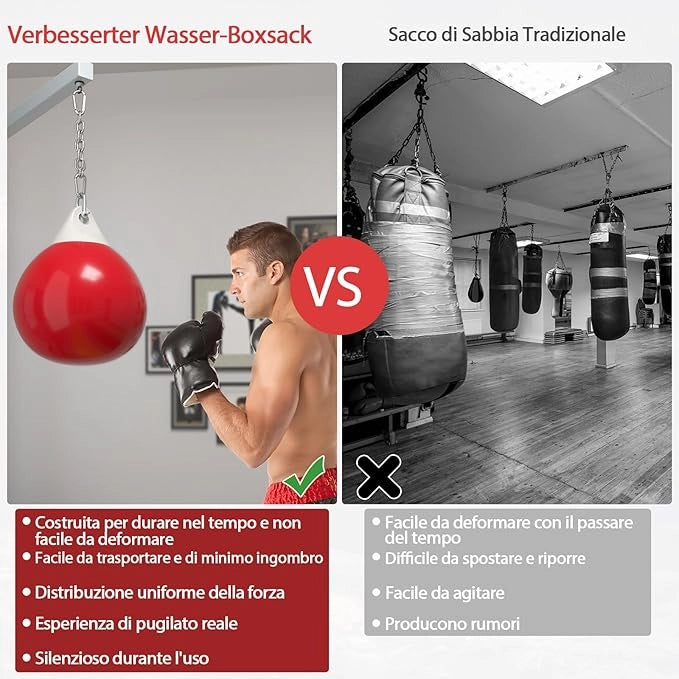 Sacco da Boxe per Bambini ed Adulti 50 kg, Sacco da Boxe ad Acqua con Catena Metallica Regolabile, Ganci, Fibbie di Assicurazione e Tubo dell’Acqua