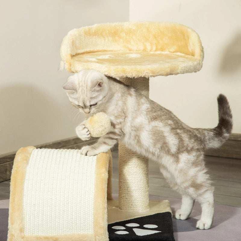Albero tiragraffi per gatti beige con palline gioco, piattaforme e corde in sisal