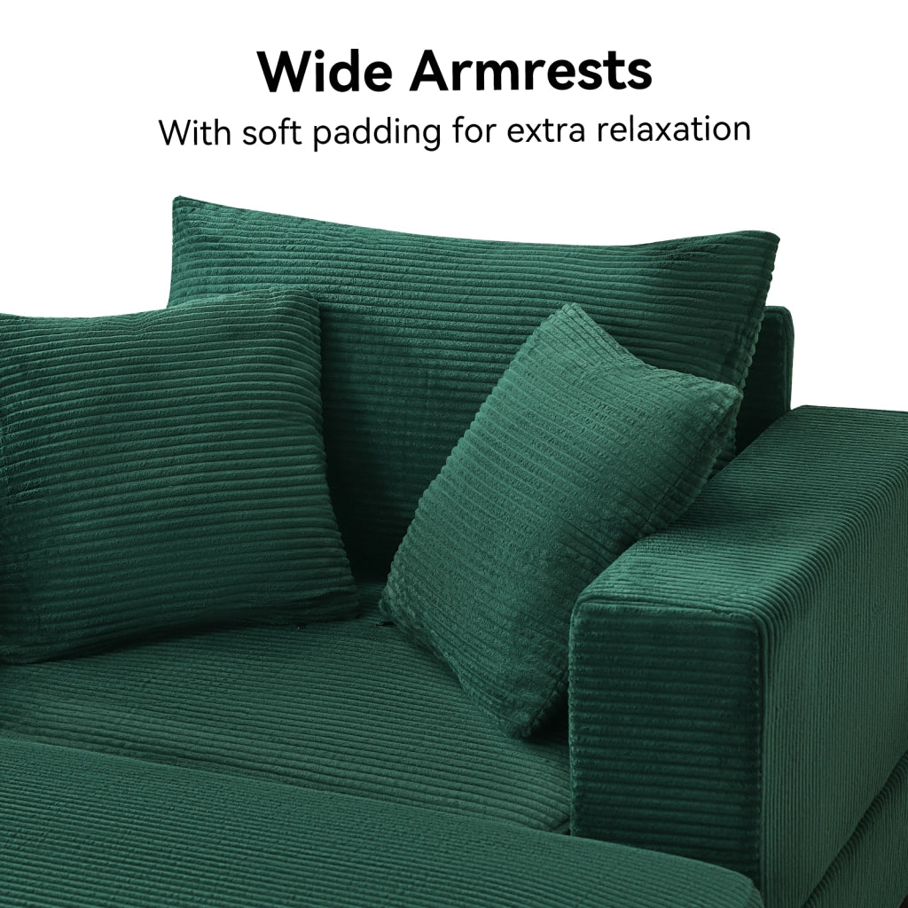 Divano chaise longue con poggiapiedi e vano contenitore, 3 cuscini, per soggiorno e camera, verde smeraldo