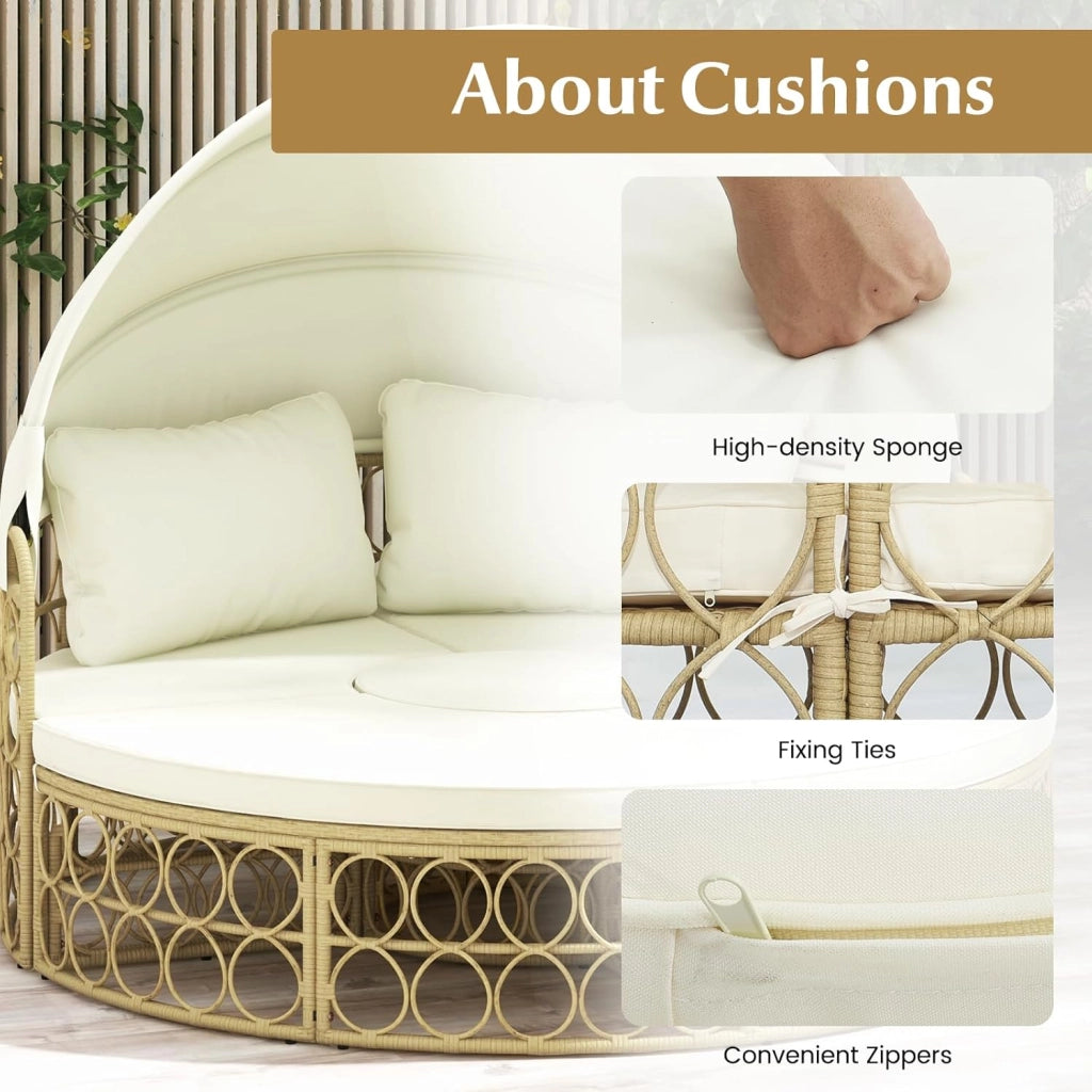 Divano letto rotondo con tenda retrattile, lettino modulare in rattan PE da 5 pezzi, set di mobili da giardino, 180x150 cm, per veranda, posteriore, piscina