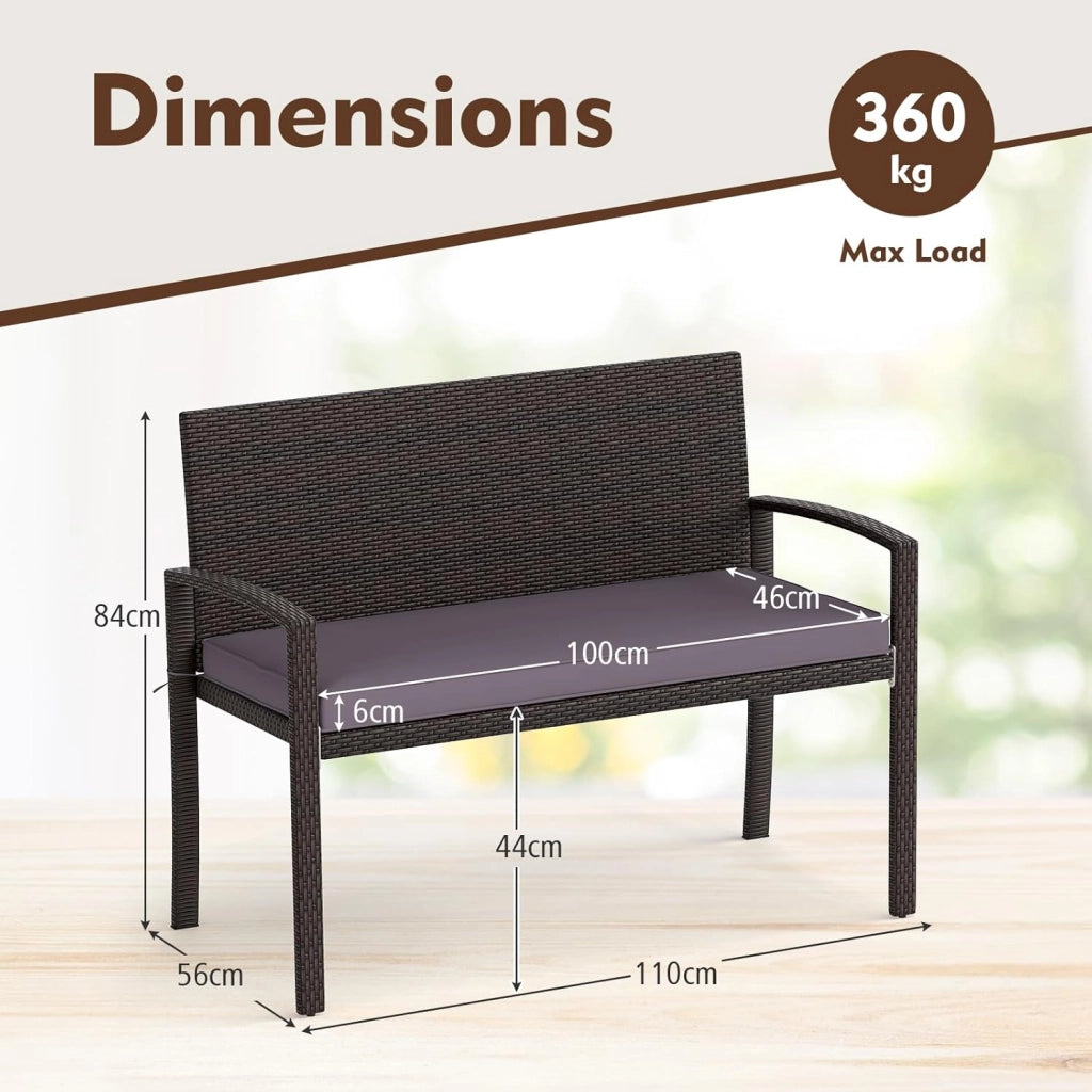 GIANTEX Panca da Giardino 2 Persone in Rattan, Panca da Esterno con Cuscino di Seduta Rimovibile, Struttura in Metallo, Carico 360 kg, Schienale e Braccioli, per Veranda, Giardino, Balcone, Terrazza