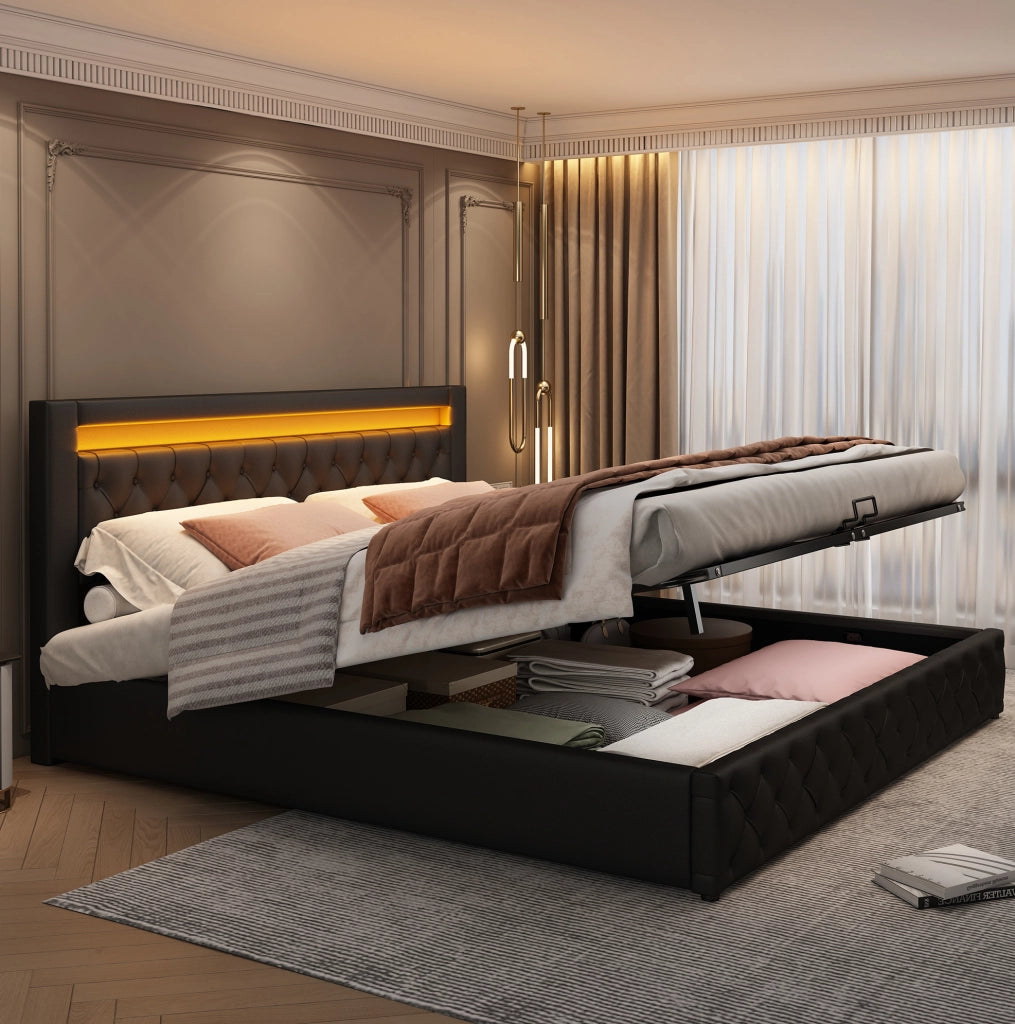 Letto matrimoniale imbottito 160x200 cm con LED e contenitore