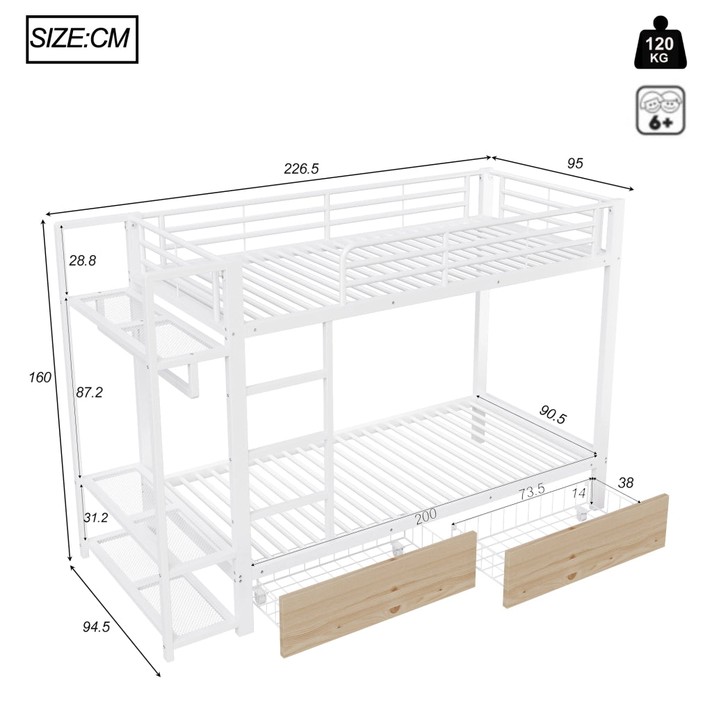 OKWISH Letto a Castello 90×200 cm, Letto Singolo con 2 Cassetti, Mensole e LED Regolabile, senza Materasso, in Metallo, Bianco