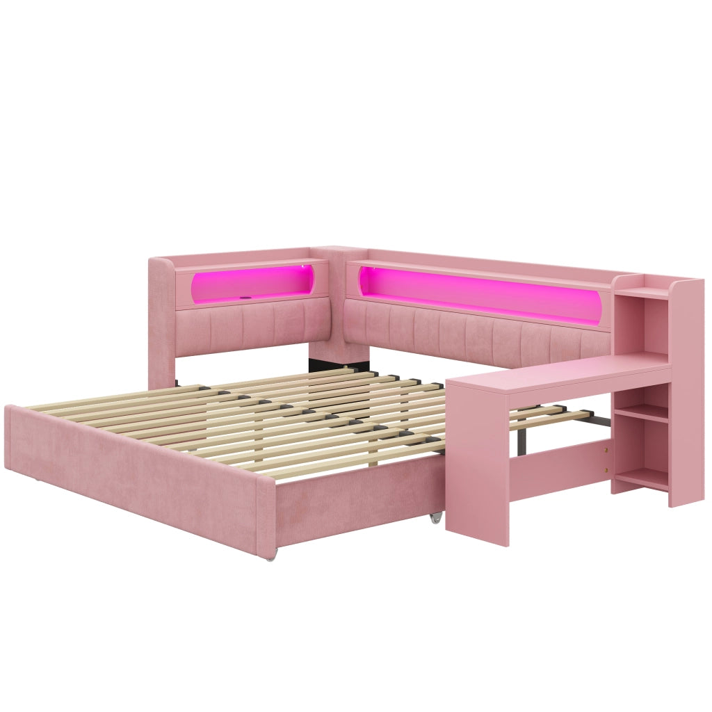 Letto singolo estraibile 90x200 cm con scrivania; LED e USB; rosa