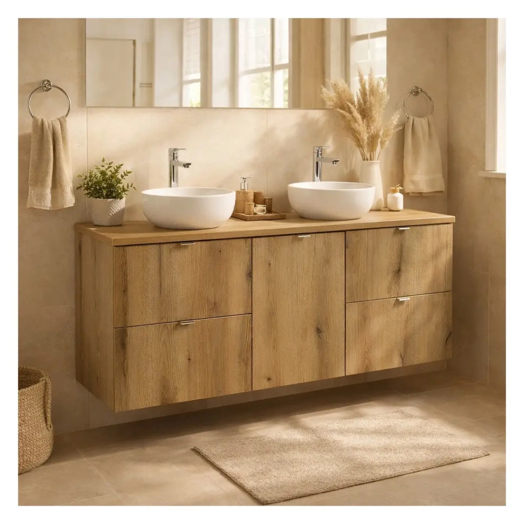 Set da bagno VANO effetto rovere 140cm: mobile sottolavabo con cassetti e cesto per la biancheria integrato + piano per lavabo