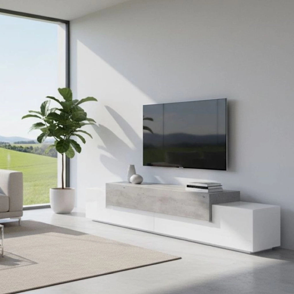 Mobile da soggiorno Porta Tiche, Made in Italy, Supporto per Tiche da salotto a 3 ante e ripiani, cm 240x45h52, Bianco lucido e Cemento