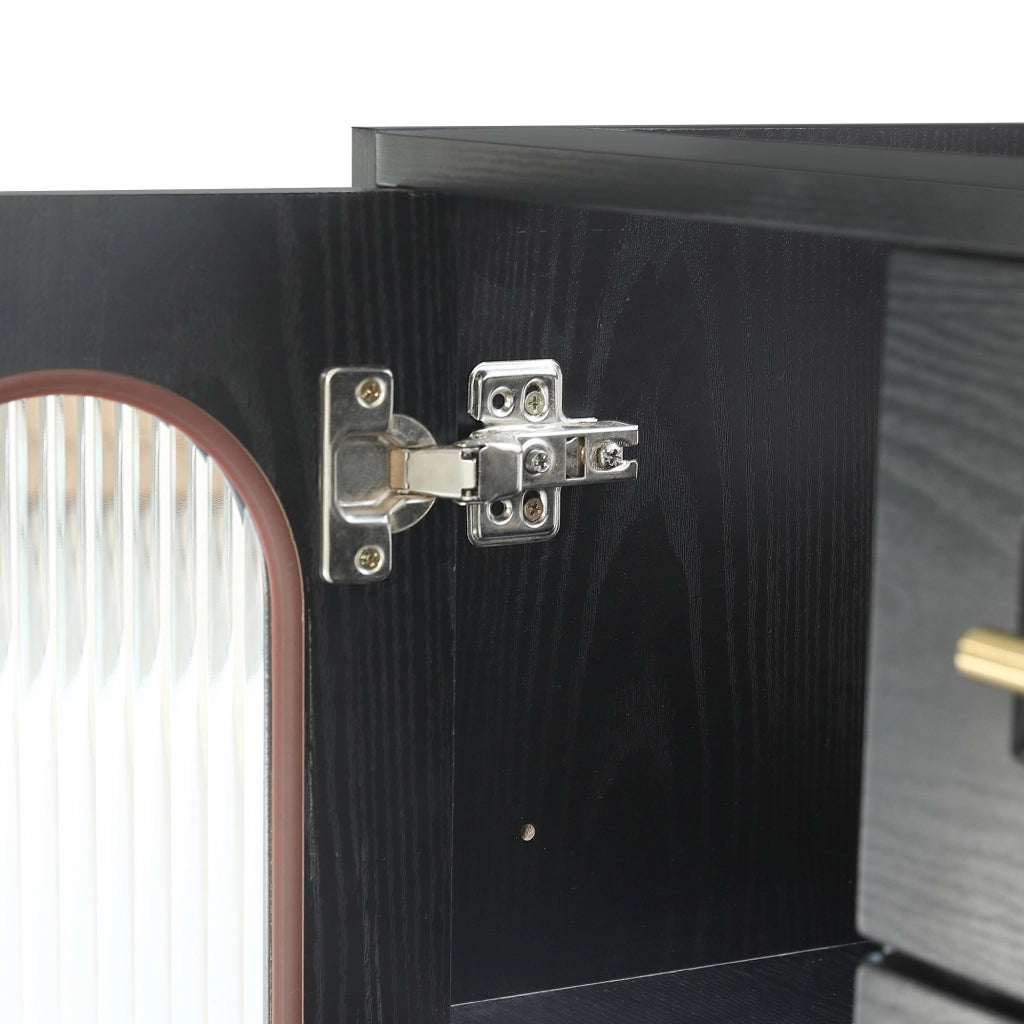 Mobile sottolavabo da bagno con LED, 2 cassetti e ripiani regolabili, anta in vetro rigato, nero, 76 × 46 × 55 cm