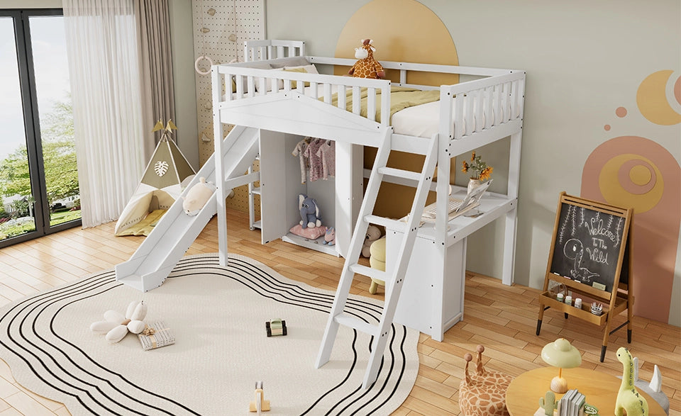 Letto a castello per bambini 90x200 cm con scivolo, scrivania e armadio