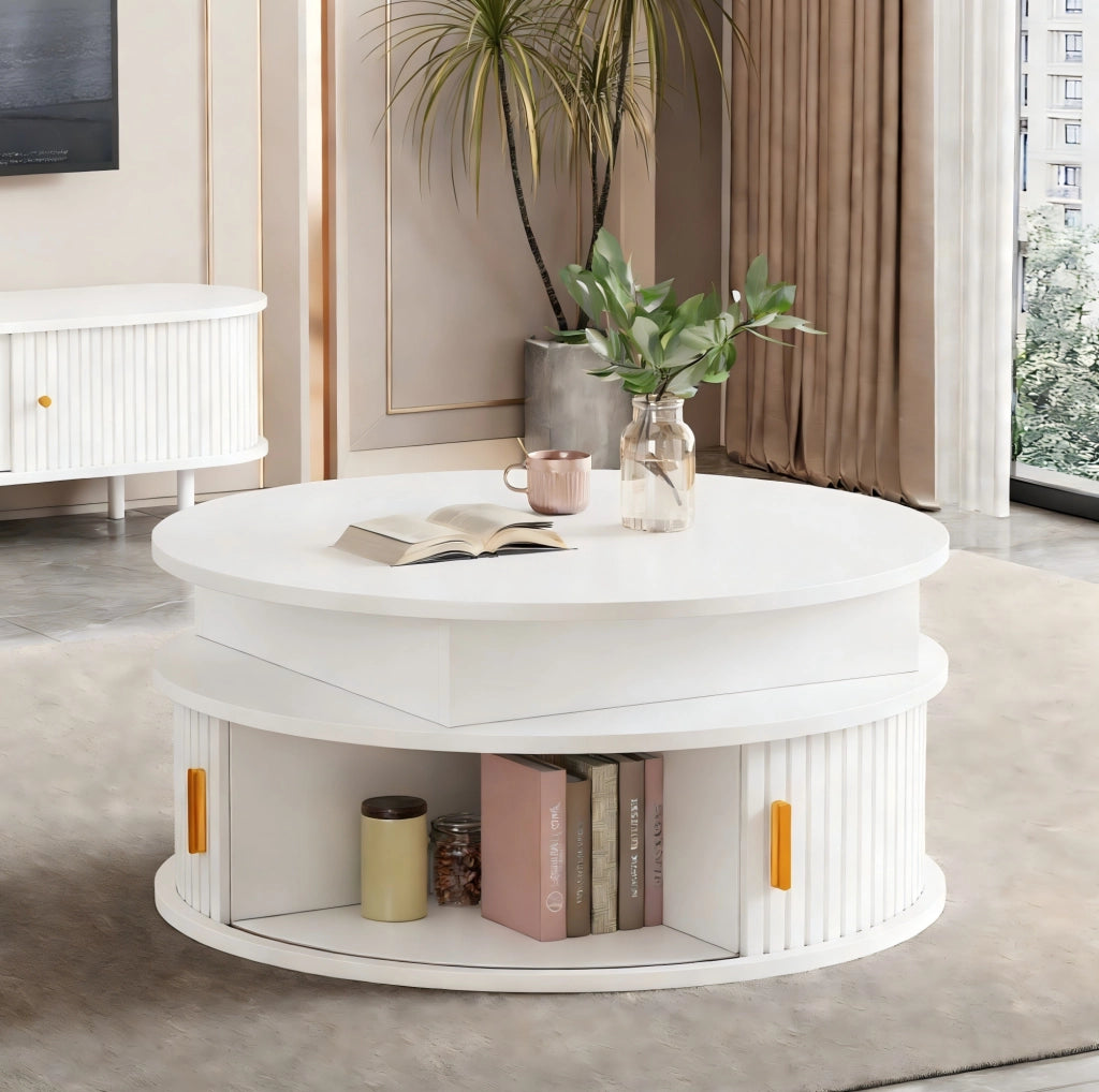 Tavolino da caffè rotondo 75 cm regolabile in altezza con LED; bianco; MDF