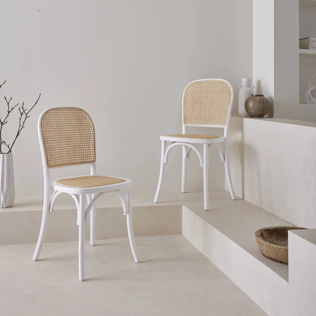 Set di 2 sedie vintage in legno e rattan, bianco
