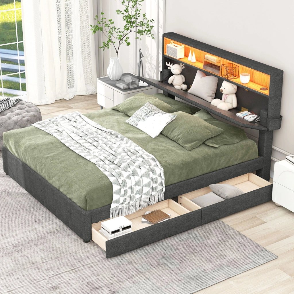 Letto matrimoniale con testiera regolabile; LED e USB; 2 cassetti; grigio 140x200 cm