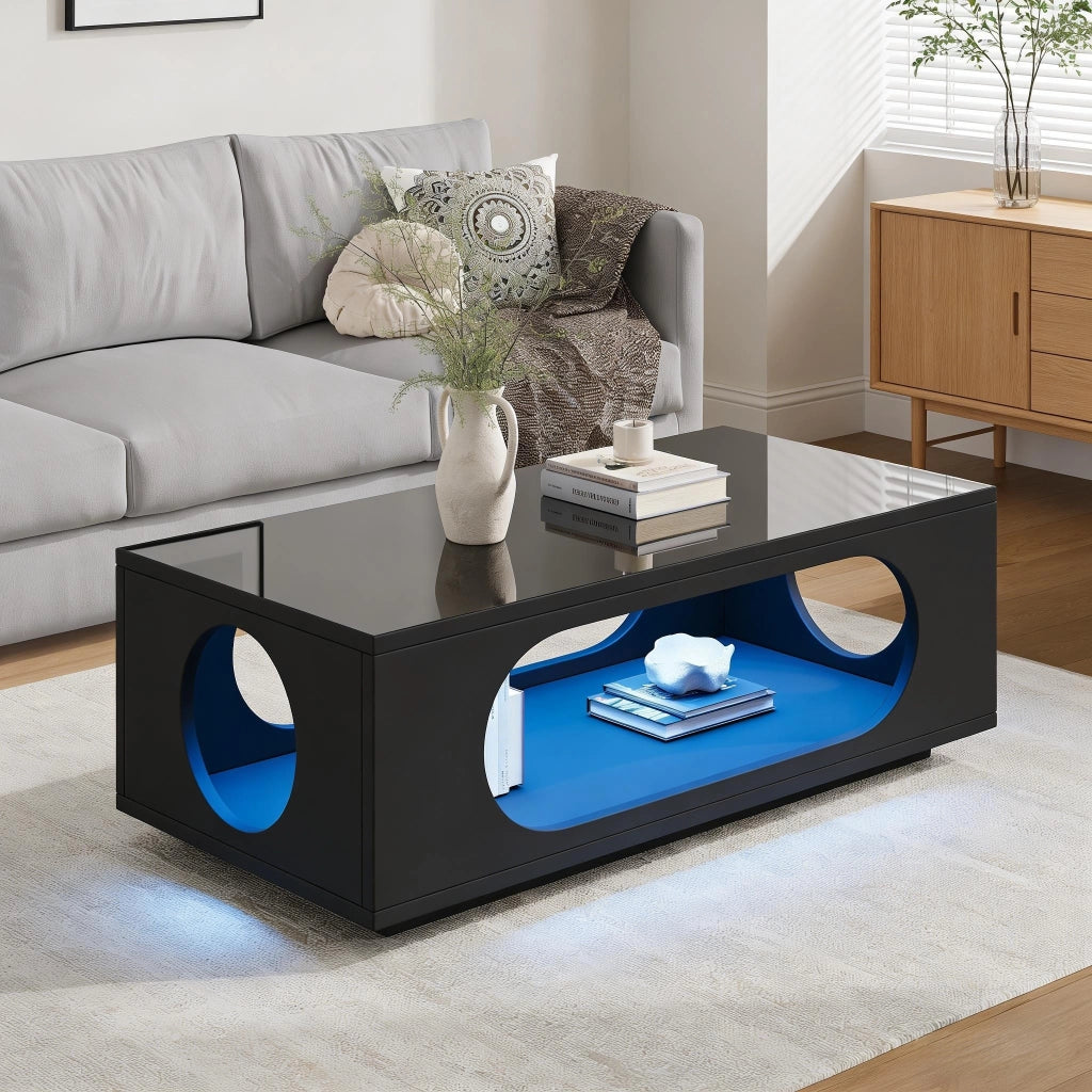 Tavolino lucido, illuminazione a LED, 100 x 50 x 35 cm, in MDF, con design traforato, nero