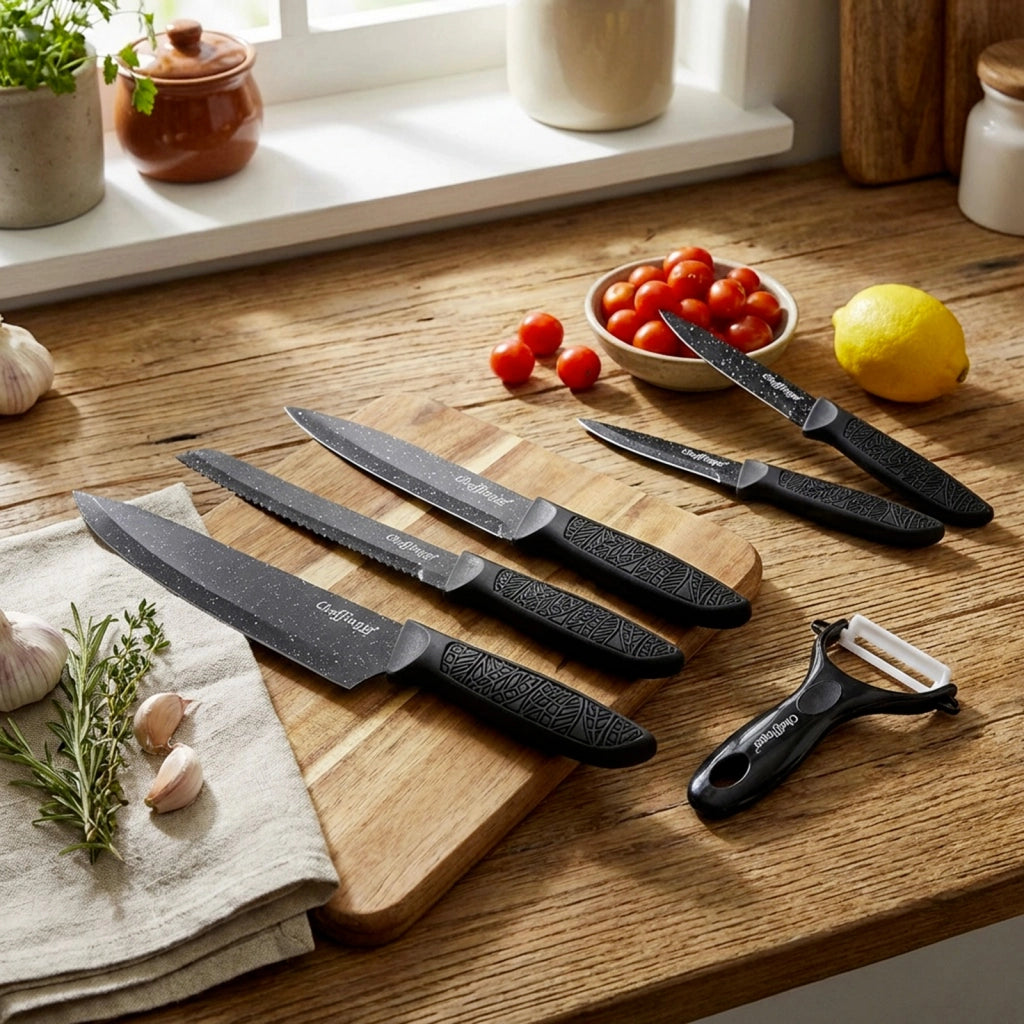 Set di 6 Coltelli Effetto Marmo Antiaderenti con Pelapatate Nero Cheffinger