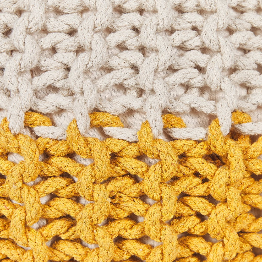 Pouf ottomana giallo beige cotone lavorato a maglia perline EPS riempimento rotondo piccolo poggiapiedi 50 x 35 cm