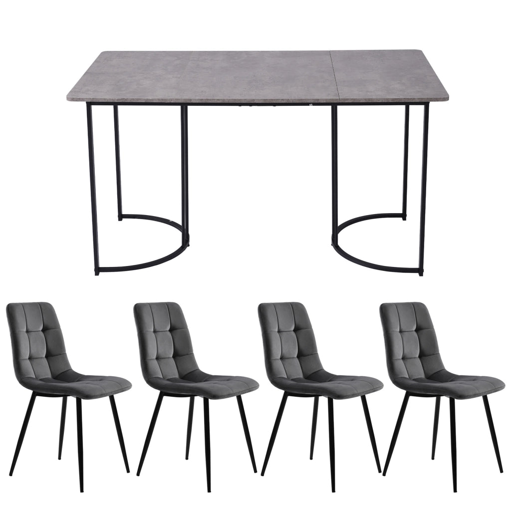 Tavolo da pranzo con 4 sedie, piano effetto marmo, base in metallo, per cucina e sala da pranzo, grigio, 140 × 80 cm