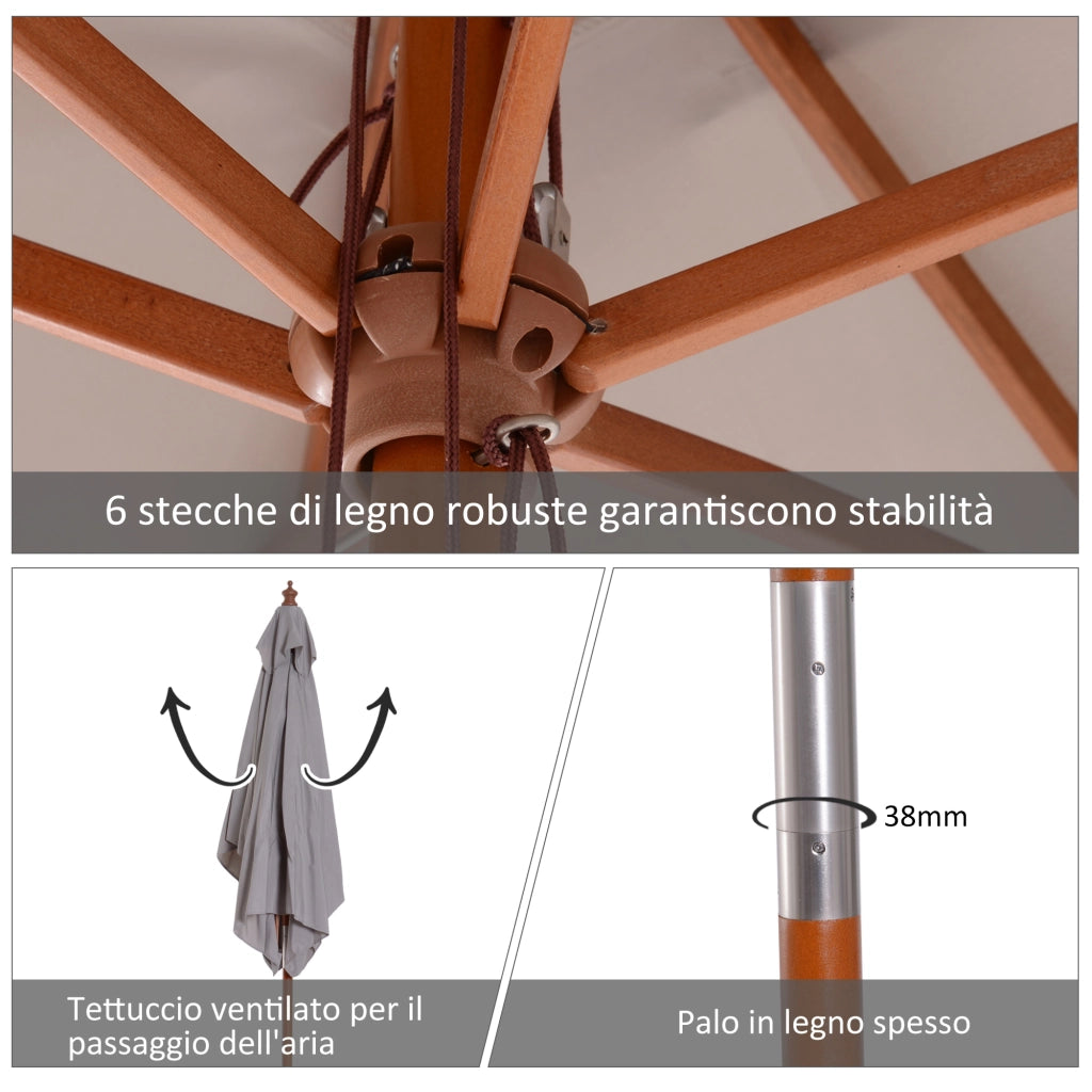 EasyComfort Ombrellone da Giardino Inclinabile 2x1.5 m a 6 Stecche con Palo in Legno di Abete, Grigio