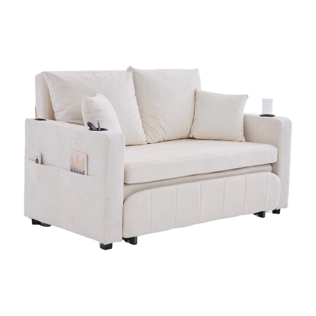 Divano letto pieghevole con tasche laterali e 4 cuscini in chenille beige
