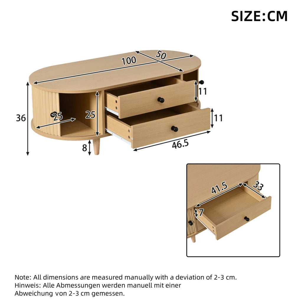 Tavolino da salotto in MDF con 2 cassetti e ante scorrevoli; 100x50x36 cm; legno naturale