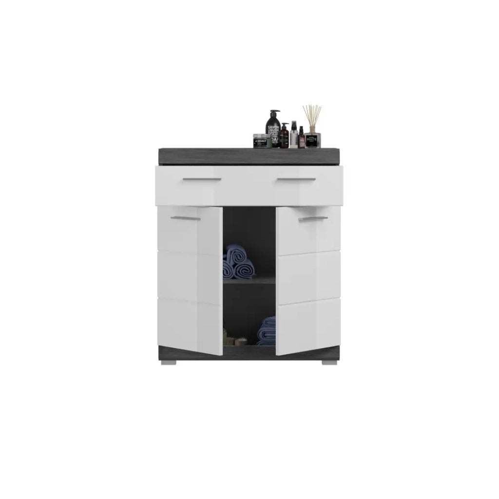 Mobile basso SCOTT – 2 porte e 1 cassetto – Grigio scuro e bianco – 74x88x31 cm