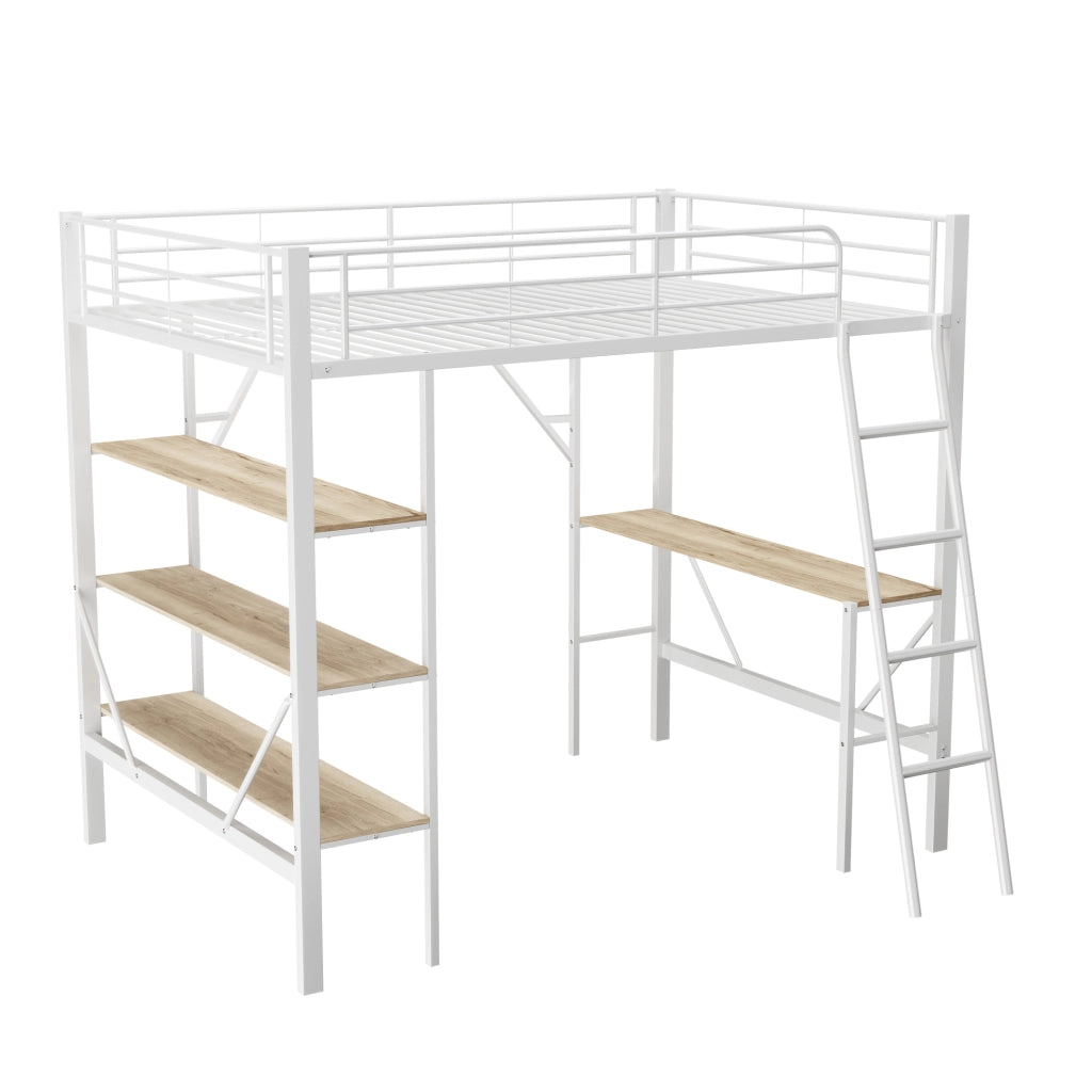 Letto a soppalco 90x200 cm con scrivania e ripiani, struttura in metallo e MDF, bianco