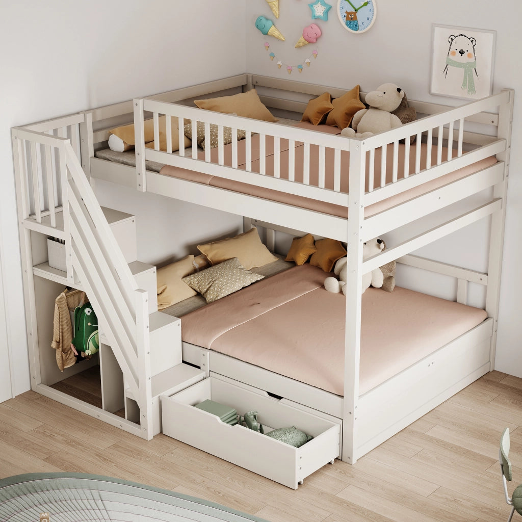 Letto a castello in legno massello 140x200 cm con scala contenitore e cassetti; bianco
