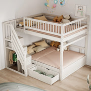 Letto a castello in legno massello 140x200 cm con scala contenitore e cassetti; bianco