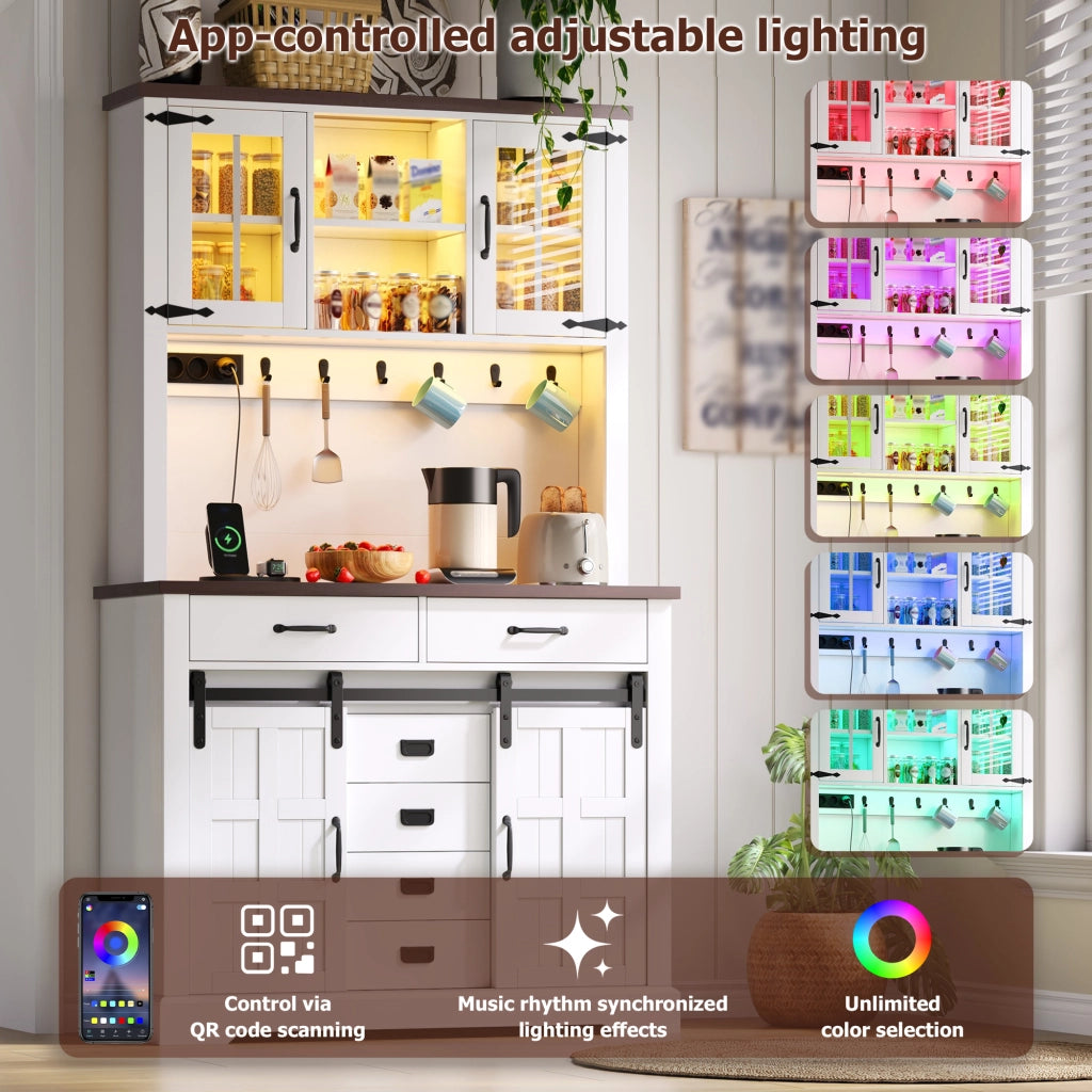 Credenza alta con LED RGB, 2 ante scorrevoli e 6 cassetti, per cucina e soggiorno, bianco, 108 × 40 × 180 cm